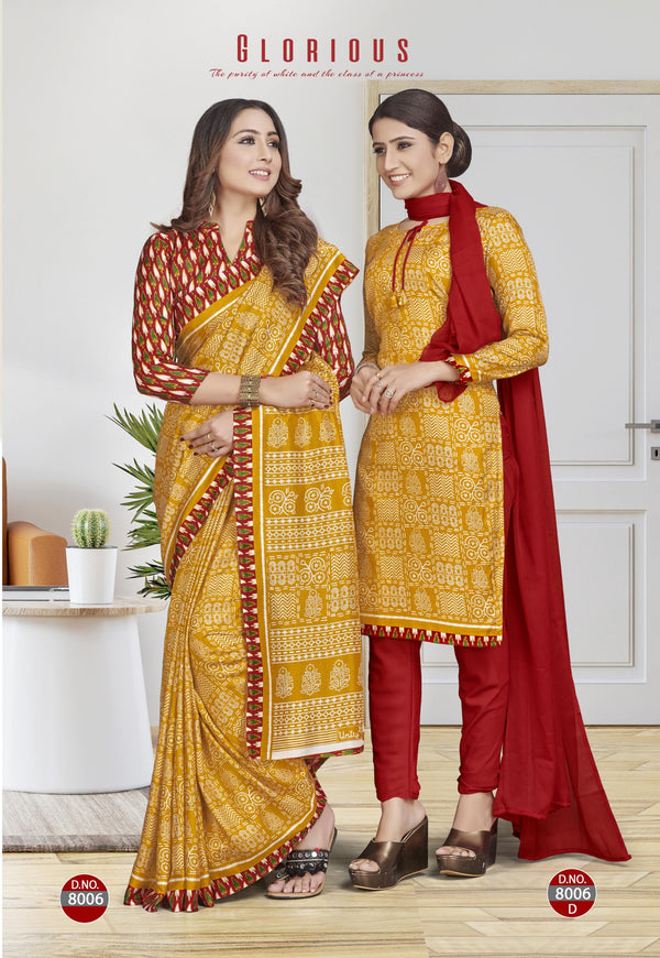 Suit & Saree -Ikkat Silk - Yellow & Red (8006)