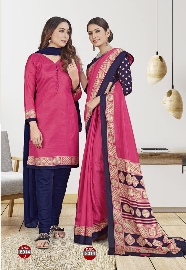 Suit & Saree -Ikkat Silk - Pink & Blue (8014)