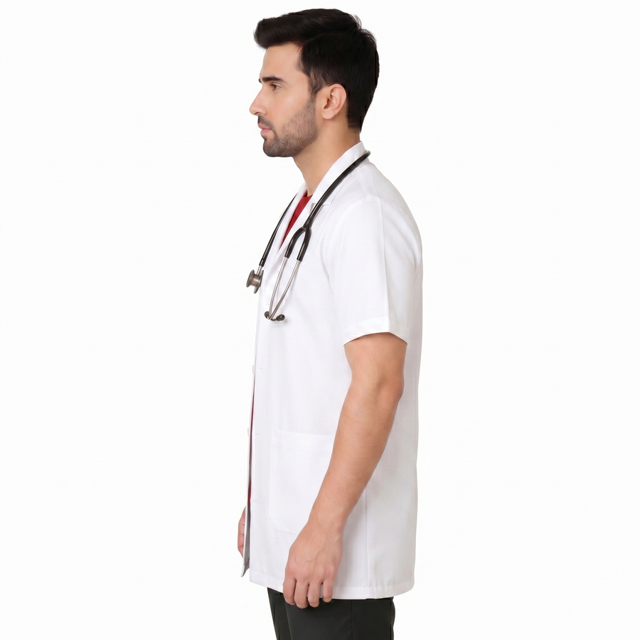Cotton Unisex Lab Coat Apron – Half Sleeves, Regular Length - White - Left Sleeve