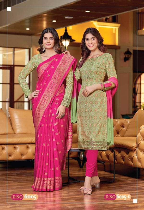 Suit & Saree -Nova Silk - Pink & Green (6005)