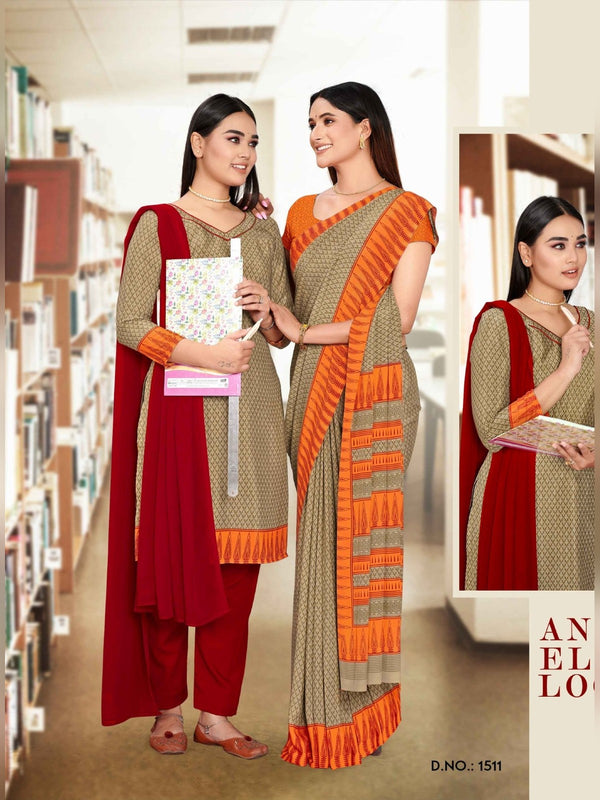 Angoori Crepe uniform saree Beige Orange D.No 1511