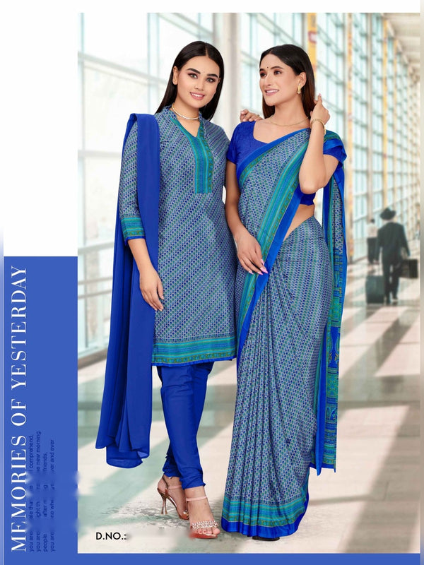 Angoori Crepe uniform saree Blue Royal Blue D.No 1518