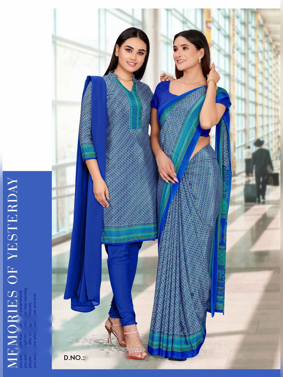 Women's Angoori Crepe Uniform Saree & Suit – Blue & Royal Blue - Front