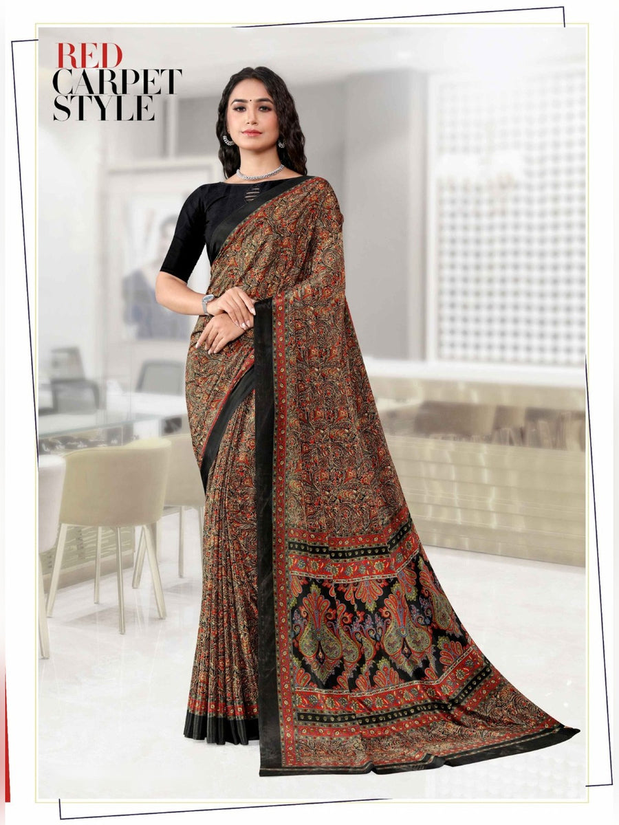 Women's Angoori Crepe Uniform Saree – Brown & Black - Front