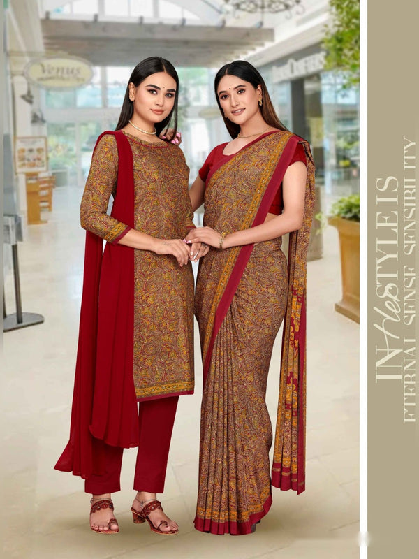 Angoori Crepe uniform saree Brown Maroon D.No 1515
