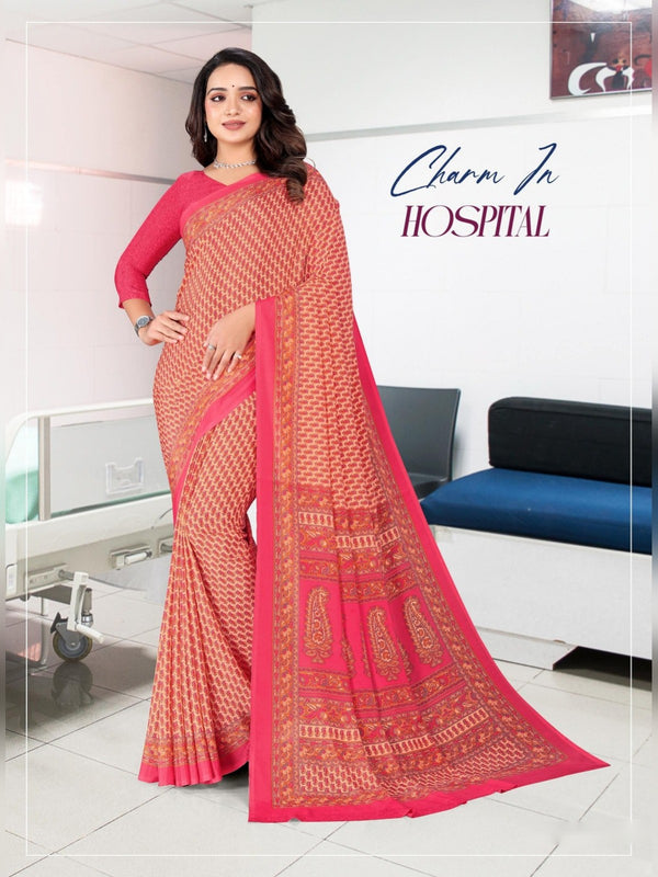 Angoori Crepe uniform saree Coral Pink D.No 1619