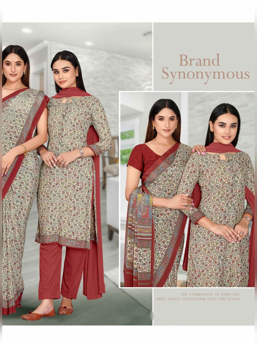 Women's Angoori Crepe Uniform Saree & Suit – Cream & Maroon - Front