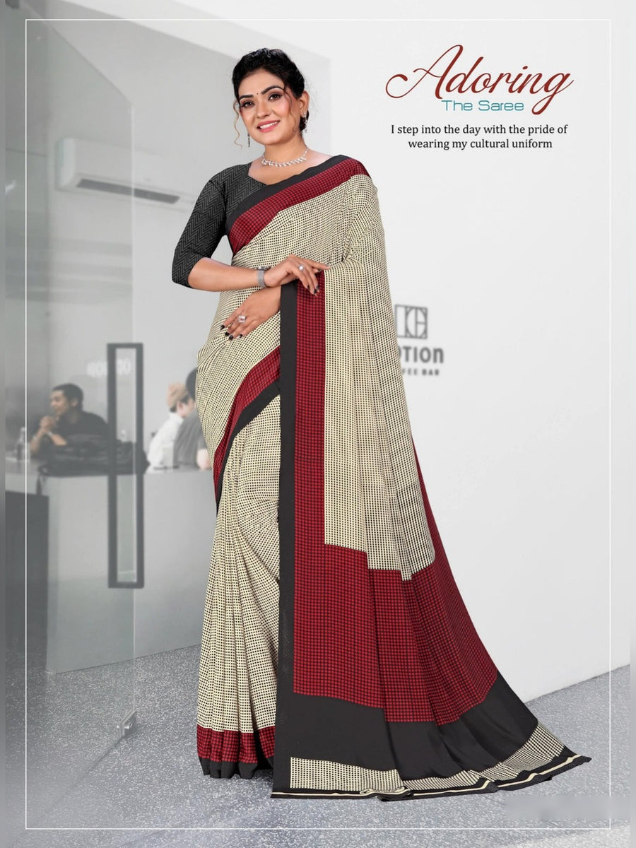 Women's Angoori Crepe Uniform Saree – Cream & Maroon - Front