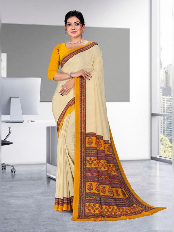 Angoori Crepe uniform saree Cream Mustard D.No 1625