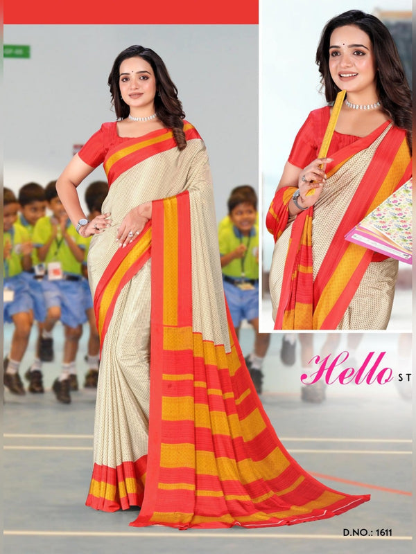 Angoori Crepe uniform saree Cream Orange D.No 1611
