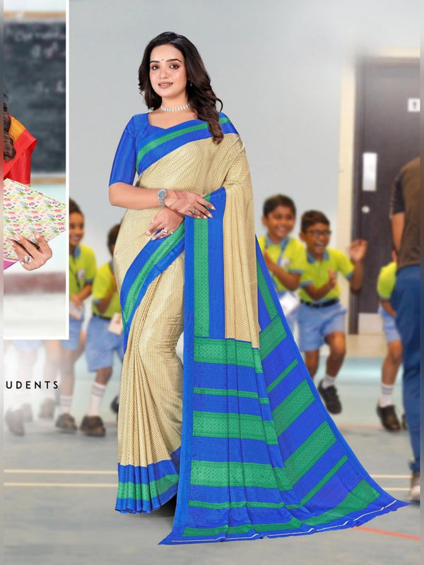 Angoori Crepe uniform saree Cream Royal Blue D.No 1612