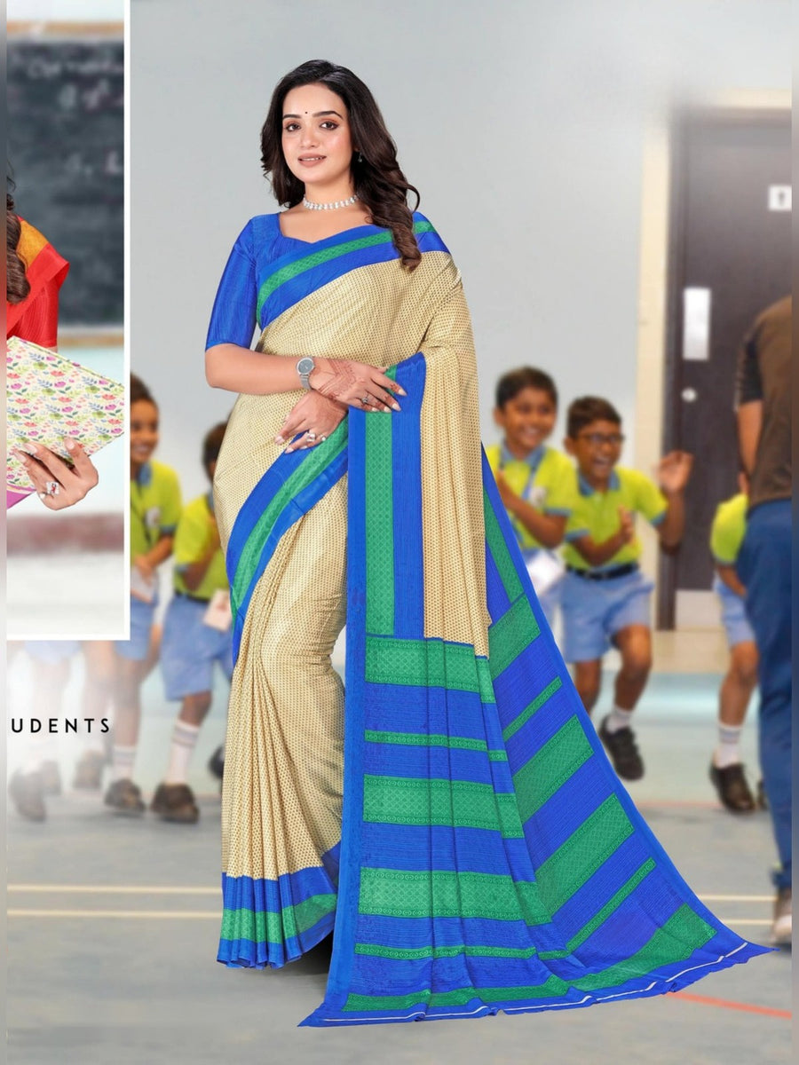 Women's Angoori Crepe Uniform Saree – Cream & Royal Blue - Front