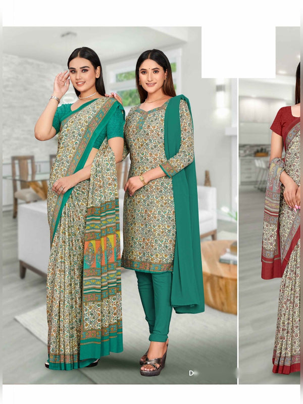 Angoori Crepe uniform saree Cream Teal D.No 1513