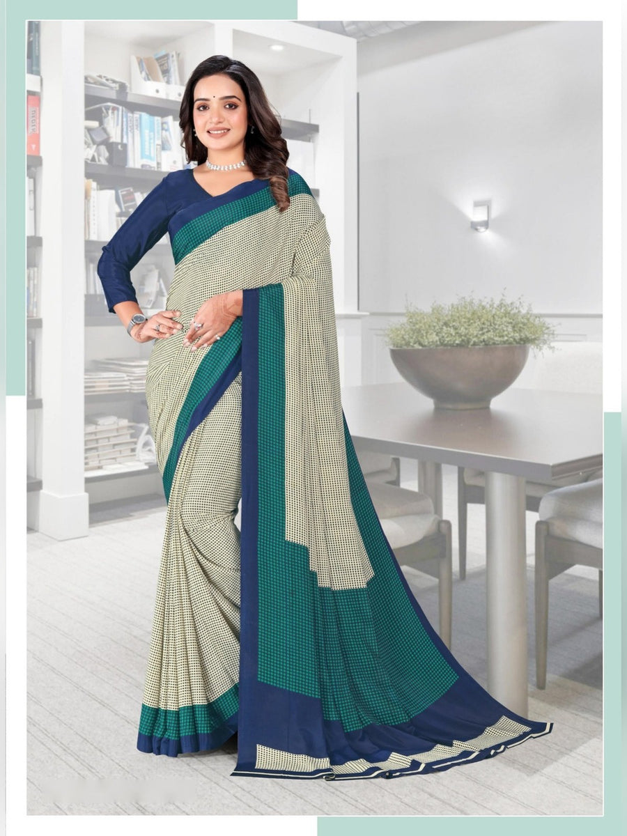 Women's Angoori Crepe Uniform Saree – Cream & Teal - Front