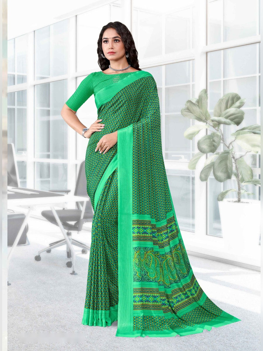 Women's Angoori Crepe Uniform Saree – Green - Front