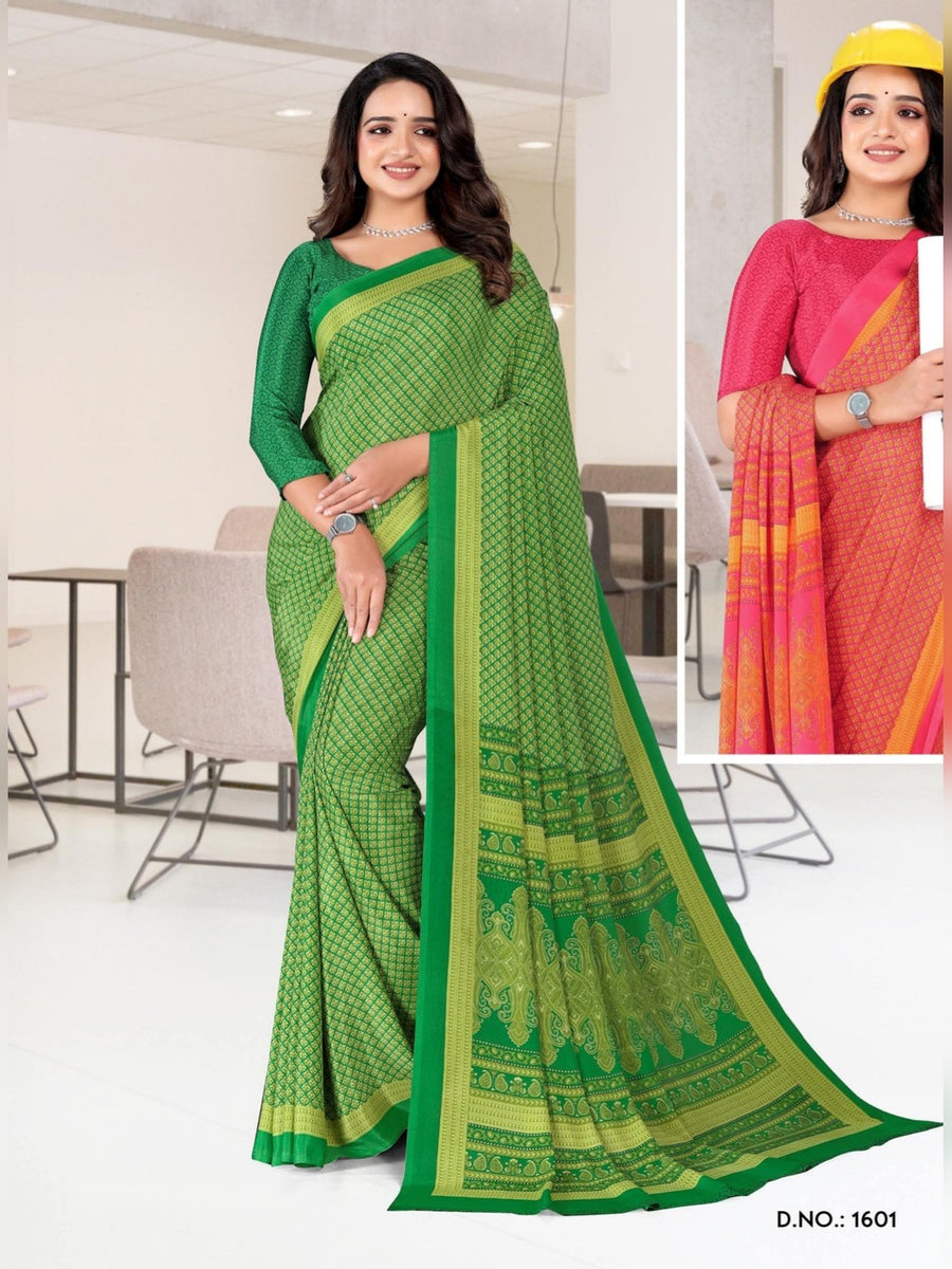 Women's Angoori Crepe Uniform Saree – Green & Lime - Front