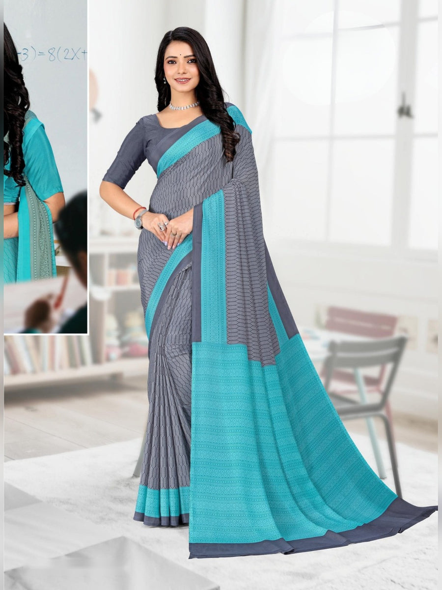 Women's Angoori Crepe Uniform Saree – Grey & Aqua - Front