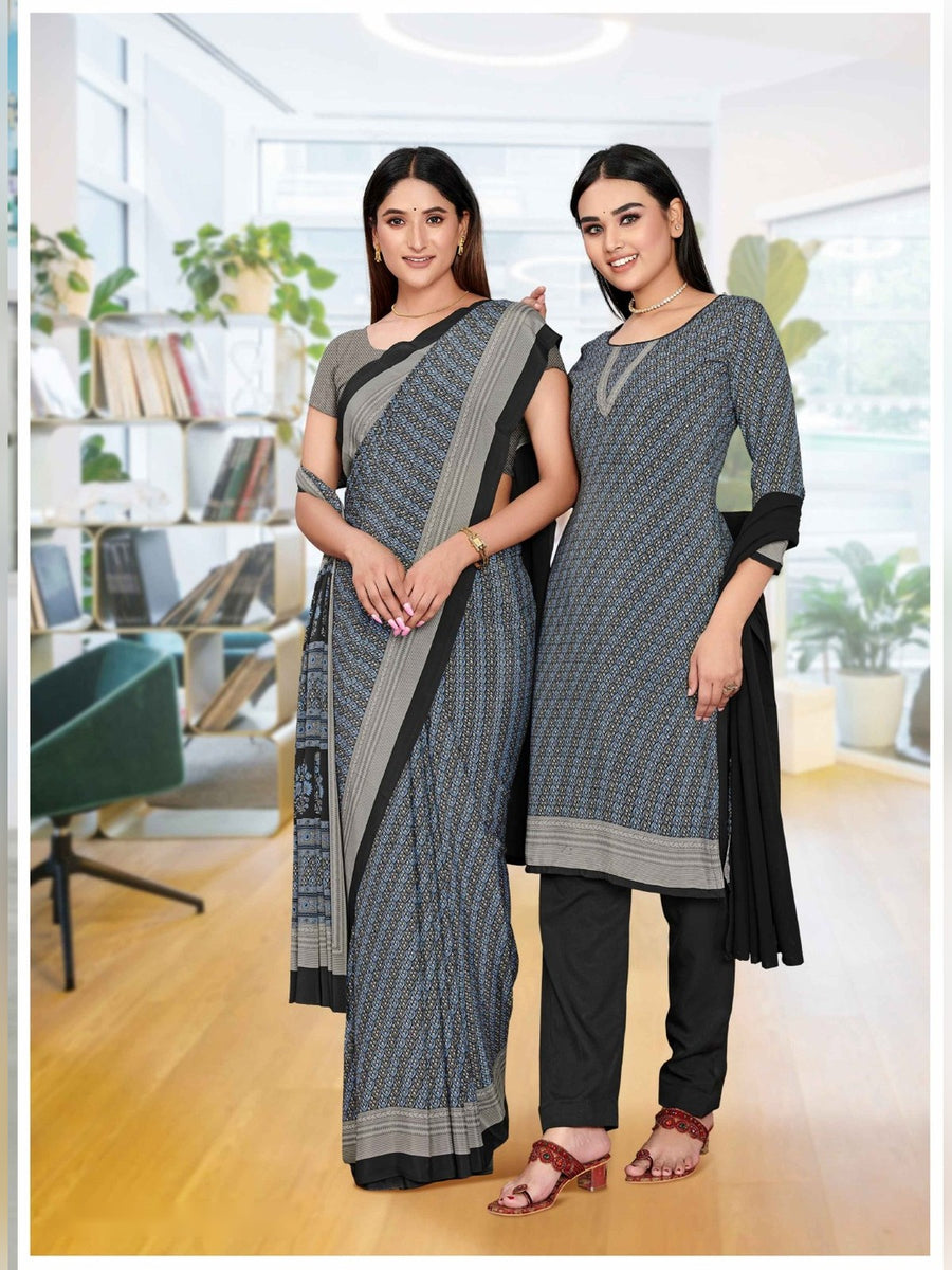 Women's Angoori Crepe Uniform Saree & Suit – Grey & Black - Front