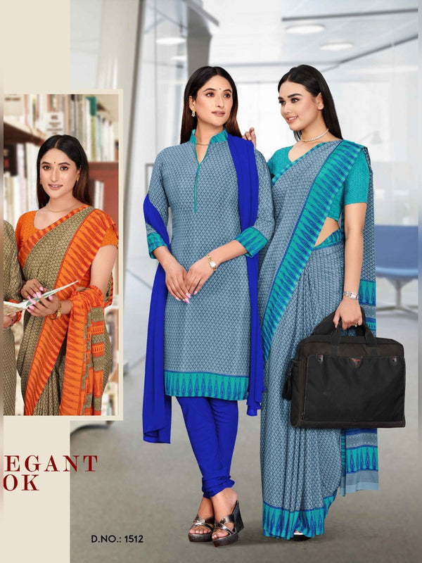 Angoori Crepe uniform saree Grey Blue Royal Blue D.No 1512