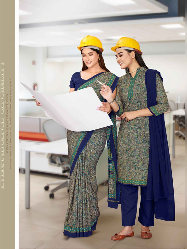 Angoori Crepe uniform saree Grey Green Navy D.No 1516