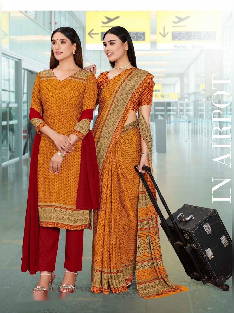 Women's Angoori Crepe Uniform Saree & Suit – Mustard & Maroon - Front