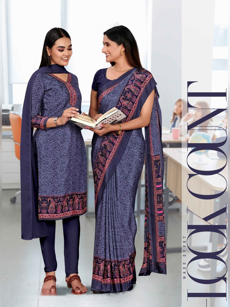 Women's Angoori Crepe Uniform Saree & Suit – Navy Blue - Front