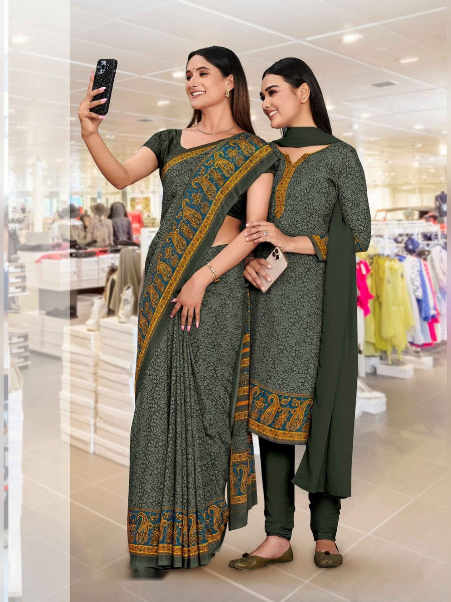 Women's Angoori Crepe Uniform Saree & Suit – Olive Green - Front