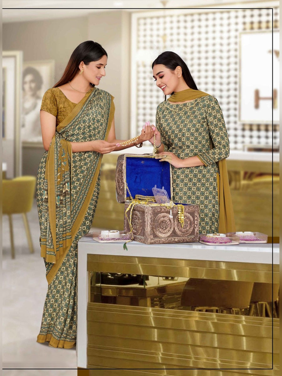 Women's Angoori Crepe Uniform Saree & Suit – Olive & Mustard - Front