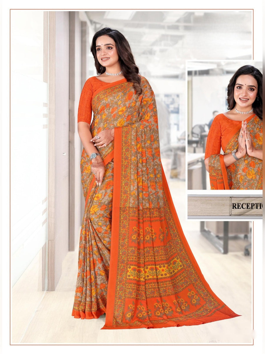 Women's Angoori Crepe Uniform Saree – Orange & Mustard Floral - Front