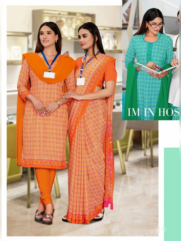 Angoori Crepe uniform saree Orange Peach D.No 1503