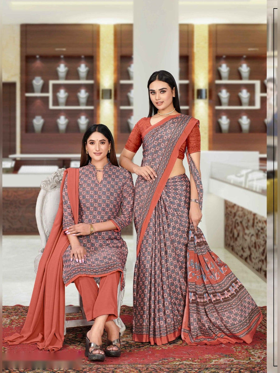 Women's Angoori Crepe Uniform Saree & Suit – Peach & Mauve - Front