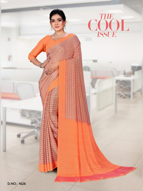 Angoori Crepe uniform saree Peach Orange D.No 1626