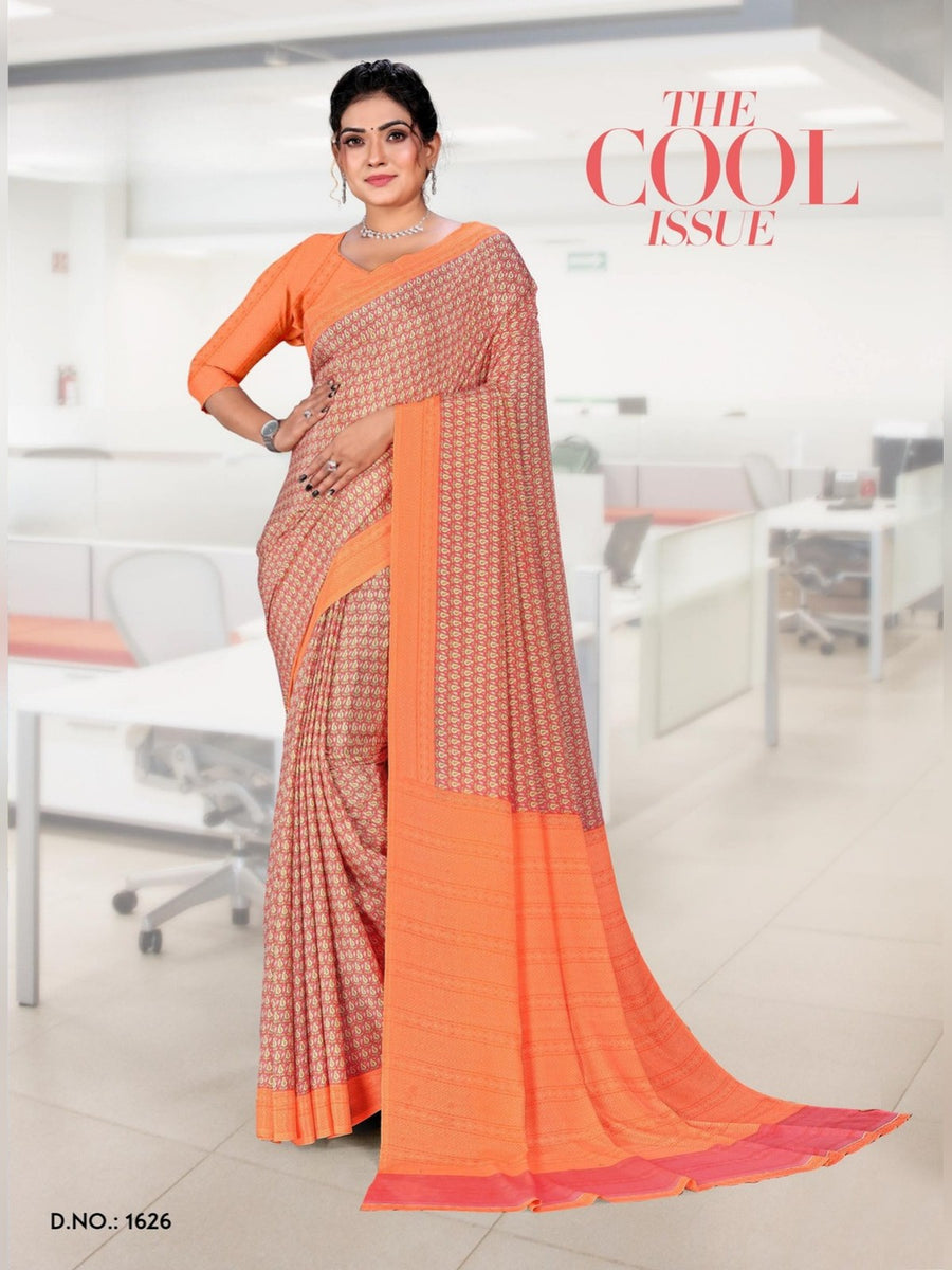 Women's Angoori Crepe Uniform Saree – Peach & Orange - Front