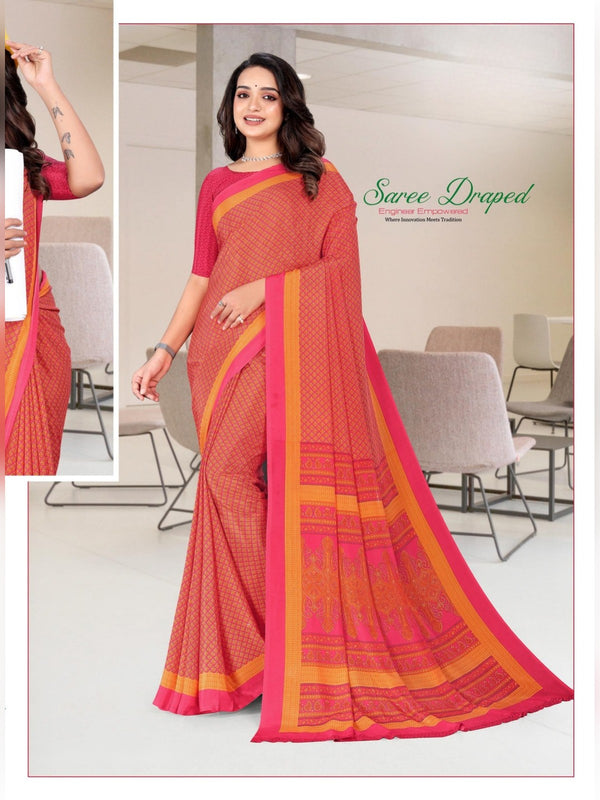 Angoori Crepe uniform saree Peach Pink D.No 1602