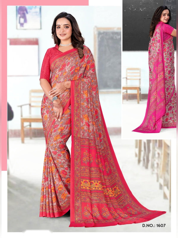 Angoori Crepe uniform saree Pink Peach Floral D.No 1607