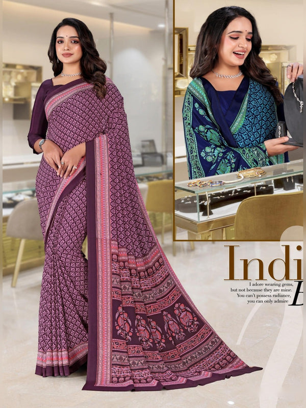 Angoori Crepe uniform saree Purple Wine D.No 1603