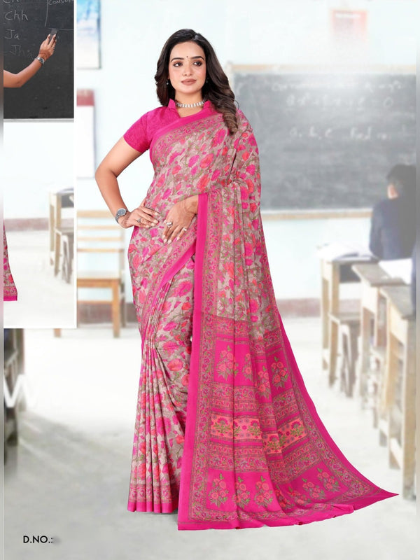 Angoori Crepe uniform saree Rani Pink Floral D.No 1608