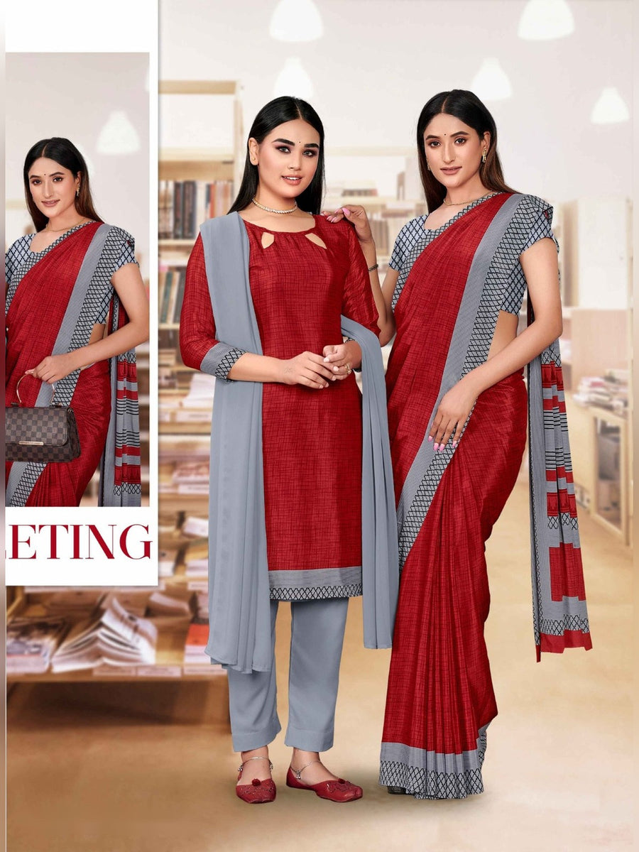 Women's Angoori Crepe Uniform Saree & Suit – Red & Grey - Front