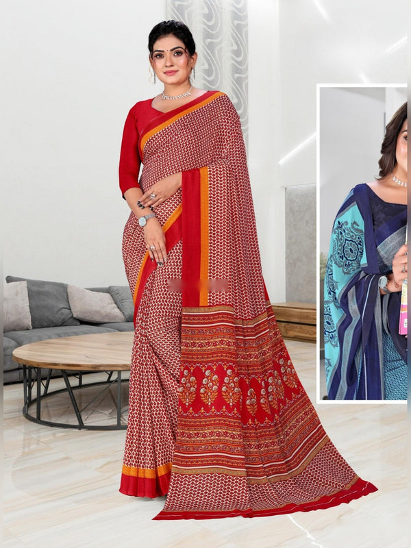Angoori Crepe uniform saree Red Peach D.No 1623