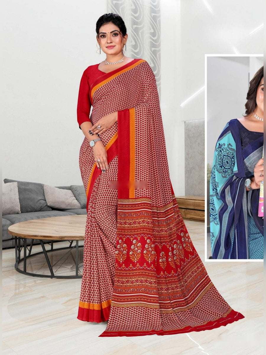 Women's Angoori Crepe Uniform Saree – Red & Peach - Front