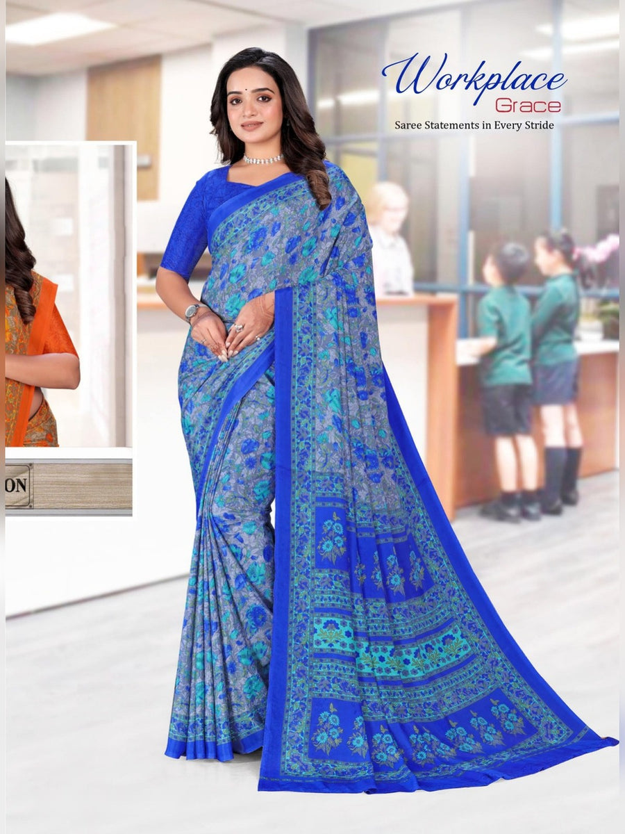 Women's Angoori Crepe Uniform Saree – Royal Blue Floral - Front