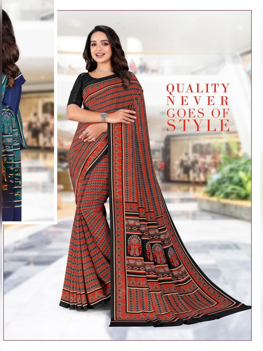 Women's Angoori Crepe Uniform Saree – Rust & Black - Front