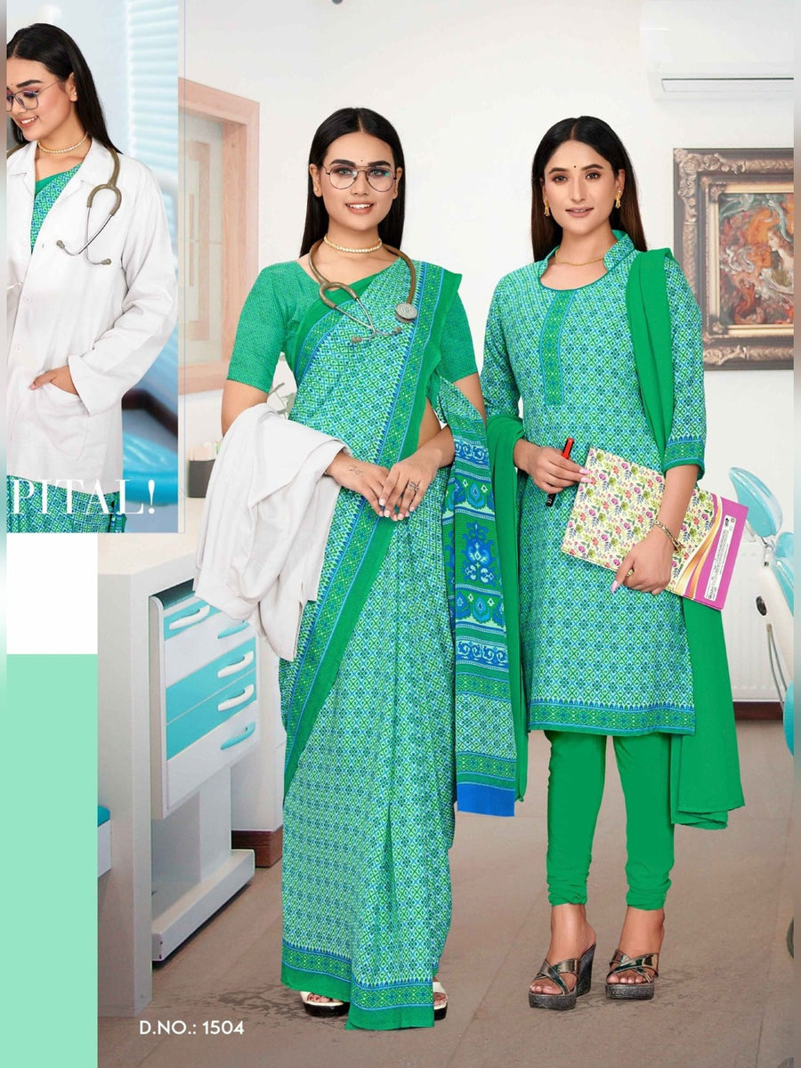 Women's Angoori Crepe Uniform Saree & Suit – Sea Green - Front