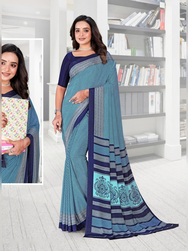 Angoori Crepe uniform saree Sky Blue Navy D.No 1624