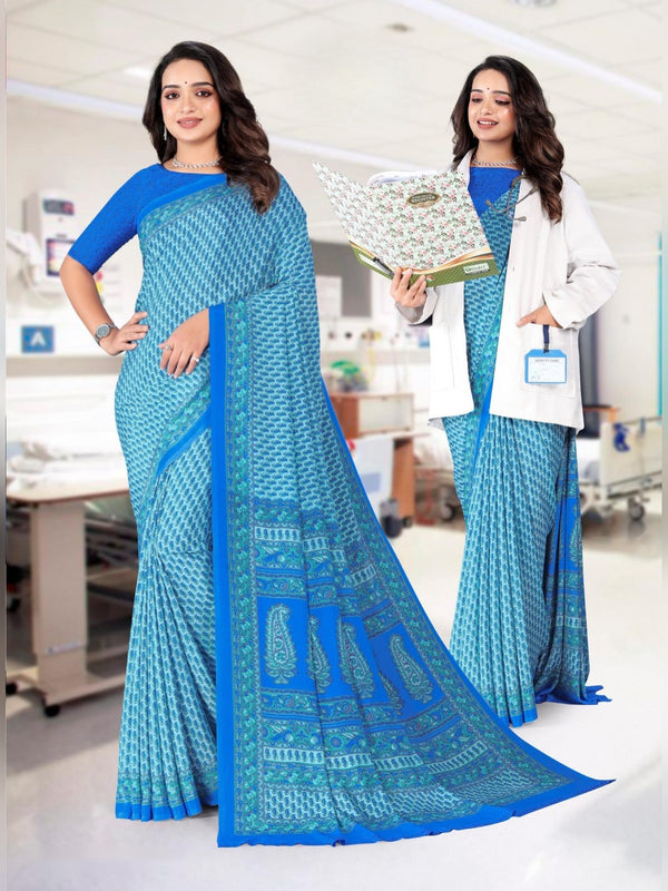 Angoori Crepe uniform saree Sky Blue Royal Blue D.No 1620