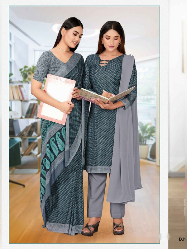 Angoori Crepe uniform saree Teal Grey Grey D.No 1519