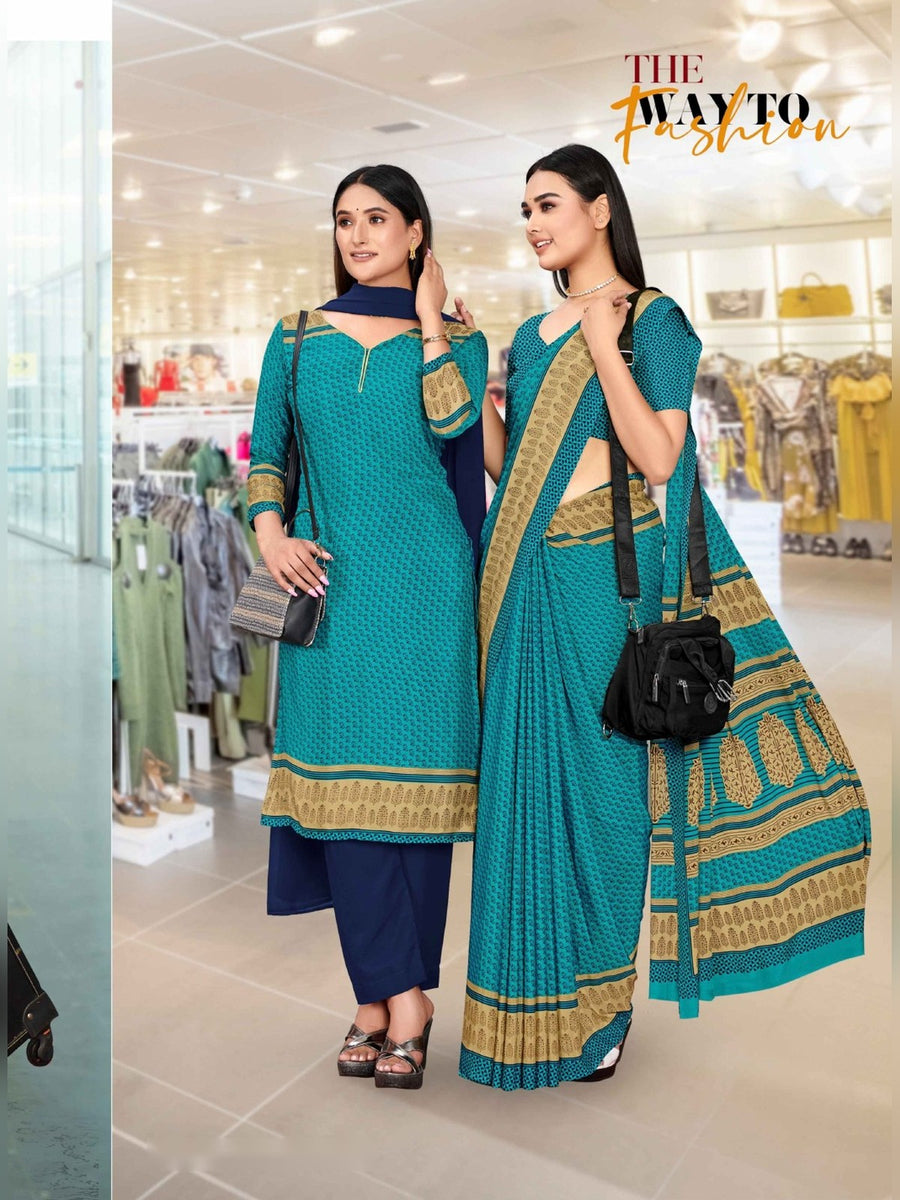 Women's Angoori Crepe Uniform Saree & Suit – Teal & Navy - Front