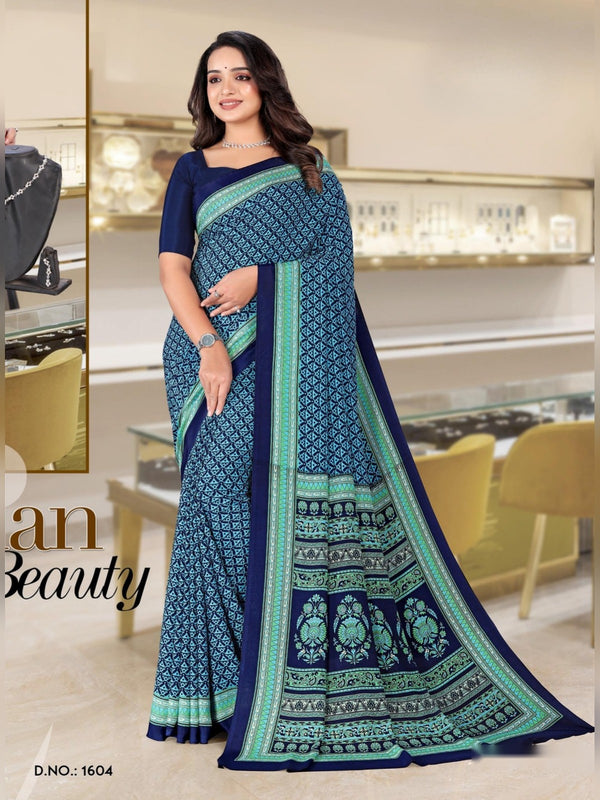 Angoori Crepe uniform saree Teal Navy D.No 1604