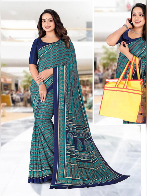 Angoori Crepe uniform saree Teal Navy Check D.No 1609
