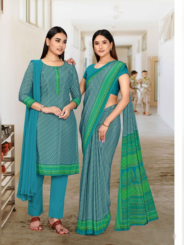 Angoori Crepe uniform saree Turquoise Green D.No 1517